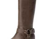 DREAM PAIRS Women's Knee High Boots Side Zipper Motorcycle Boots Square Toe Chunky Low Heel Fashion Buckles Biker Riding Boots (8.5, Brown-nubuck)