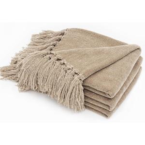 EVERGRACE Soft Chenille Throw Blanket for Couch, Cozy Plush Fuzzy Decorative Chenille Knit Throw Blanket with Tassels, Lightweight Blanket and Throws for Bed Sofa Gift Home Decor, Beige 50"x60"