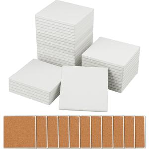 35 Pieces 4 Inch Blank Ceramic Coasters, Unglazed Ceramic Tiles Coasters, Ceramic Tiles with Cork Backing Pads for Painting, DIY Crafts, Mosaics, Square, White by GNIEMCKIN