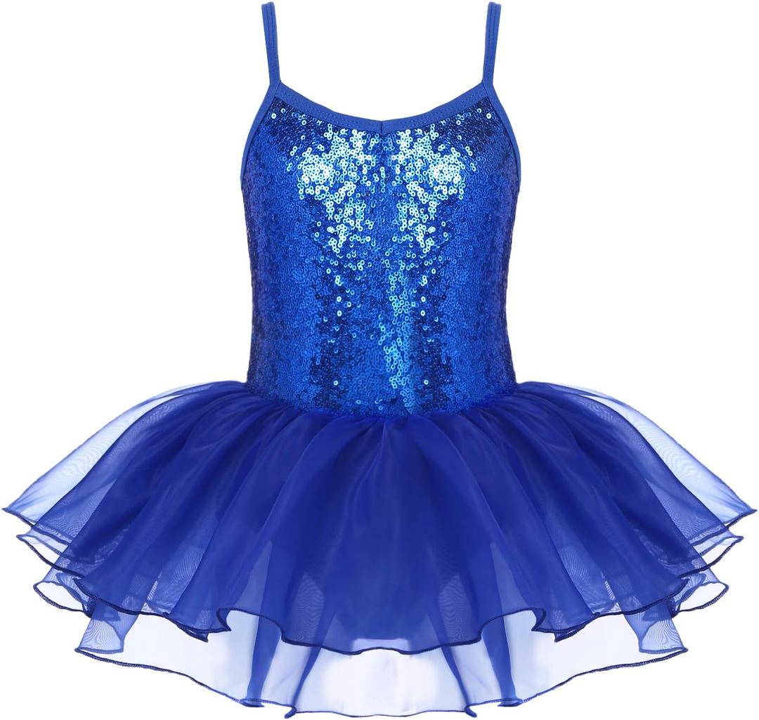 Zaclotre Little Girls Sequin Leotard Sparkly Strap Ballet Leotards Tutu Dress Ballerina Outfit Dance Costume for Kids Royal Blue Size 8-9 Years