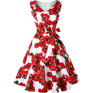 Dressever Women's 50s 60s Vintage Sleeveless Dress Red Flower L