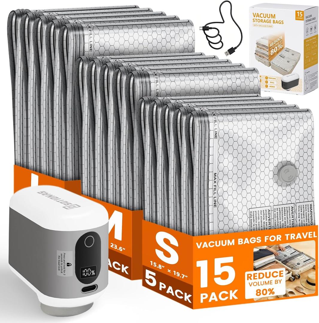 15 Pack Vacuum Seal Bags for Clothing Travel with -60KPa Rechargeable Wireless Pump, Space Saver Compression Vacuum Storage Bags in Multiple Carry-On Sizes for Luggage, Suitcase and Seasonal Storage