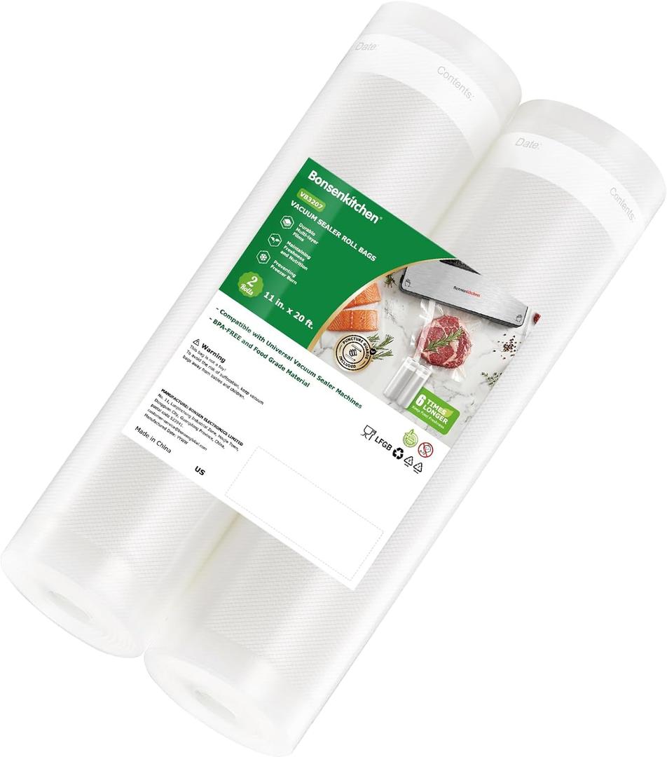 Bonsenkitchen Vacuum Sealer Bags Rolls for Food, 2 Packs 11" x 20', Heavy-Duty Textured Material Bag, BPA-Free, Commercial-Grade, Custom-Length Bag for Food Storage & Sous Vide