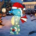 Outdoor Beach Christmas Decorations, 26.7 Inch 3D Lighted Seahorse Coastal Christmas Yard Decor with Santa Hat and Ball, Lighted Xmas Holiday Lawn Stakes for Home Party Garden Patio Display