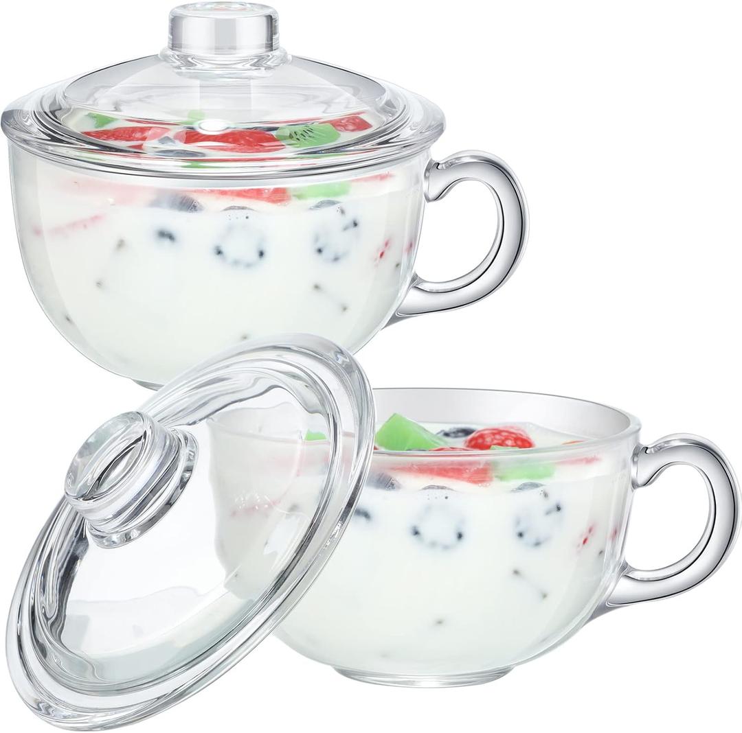 CHENGU 2 Pcs Glass Ramen Bowl with Lid and Handle, Microwave Safe Soup Bowl Mixing Pot Transparent Cooking Cereal Bowls Breakfast Bowls for Noodles Soup Cereals Fruits(600 ml/ 20 oz)