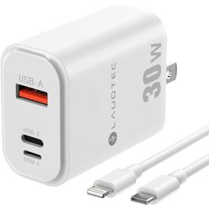 30W Fast Charger Block, LAUDTEC Wall Charger with 3 Ports PD QC Power Delivery Fast Type C Charging Block, Power Adapter for All Type C & iOS Devices with One Cable 30W Fast Charger Block, LAUDTEC Wall Charger with 3 Ports PD QC Power Delivery Fast Type C Charging Block, Power Adapter for All Type C & iOS Devices with One Cable