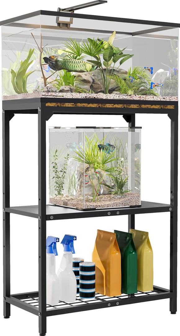 20 Gallon Aquarium Stand, Fish Tank Stand with Adjustable 3-Tier Storage Shelf, Heavy Duty Reptile Breeder Turtle Tank Terrarium Rack Table for Home Office, 24" L x 12" W x 32.2" H, Black