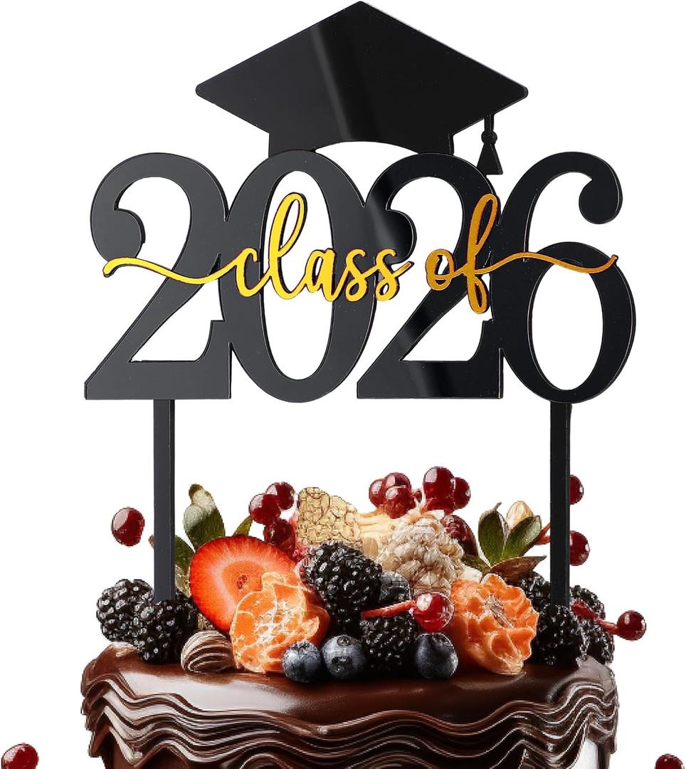 Chengu 2026 Acrylic Graduation Cake Topper Class of 2026 Congrats Grad Party Decorations Gold Celebration Cake Topper for Congrats Grad High School College Graduate Party Supplies(Black,Gold)
