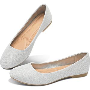 Obtaom Round Toe Women Flat Shoes Slip on Girls Dress Black Ballet Flats (10, Silver Glitter)