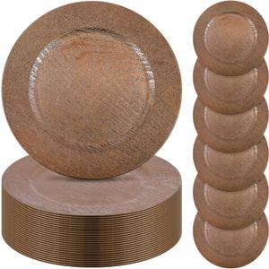 Mifoci 50 Pcs Faux Wooden Charger Plates 13 Inch Round Rustic Plastic Plates Antique Design Bulk Decorative Chargers for Dinner Tray for Wedding Dinner Table Farmhouse Party Event (Brown)