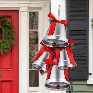 4 Pcs 8+6.5in Silver Giant Bells Extra Large Christmas Bells for Outside Decor for Xmas Tree Doors Firepalces Unique for Large Xmas Bell Ornaments Garland Indoor Outdoor