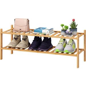 Black Shoe Rack, 2-Tier Long Shoe Rack for Entryway, Bamboo Wood Shoe Shelf for Closet & Hallway, Long 33IN | Beautiful | Functional | Sturdy | Durable