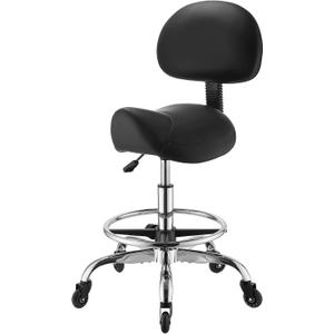 VEVOR Saddle Stool with Back Support Footrest, 500 lbs Weight Capacity, Height Adjustable, Quiet Casters, PU Leather Seat, 360 Swivel Saddle Stool Rolling Chair for Salon, Spa, Bar, Medical, Black