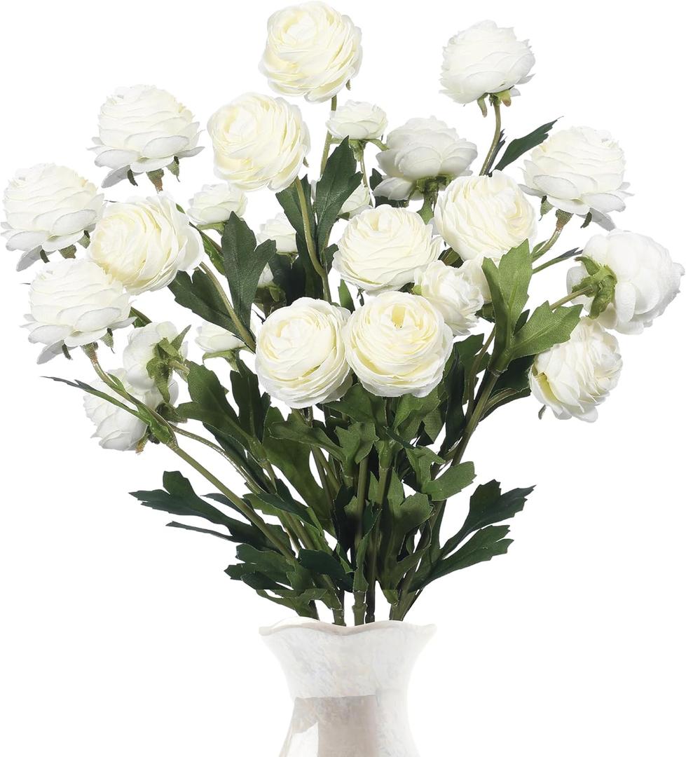6 Pcs Artificial Ranunculus Flowers with Stem 18 Heads White Artificial Ranunculus Flowers Bouquets Bulk for DIY Bouquet Wedding Centerpiece Home Decor