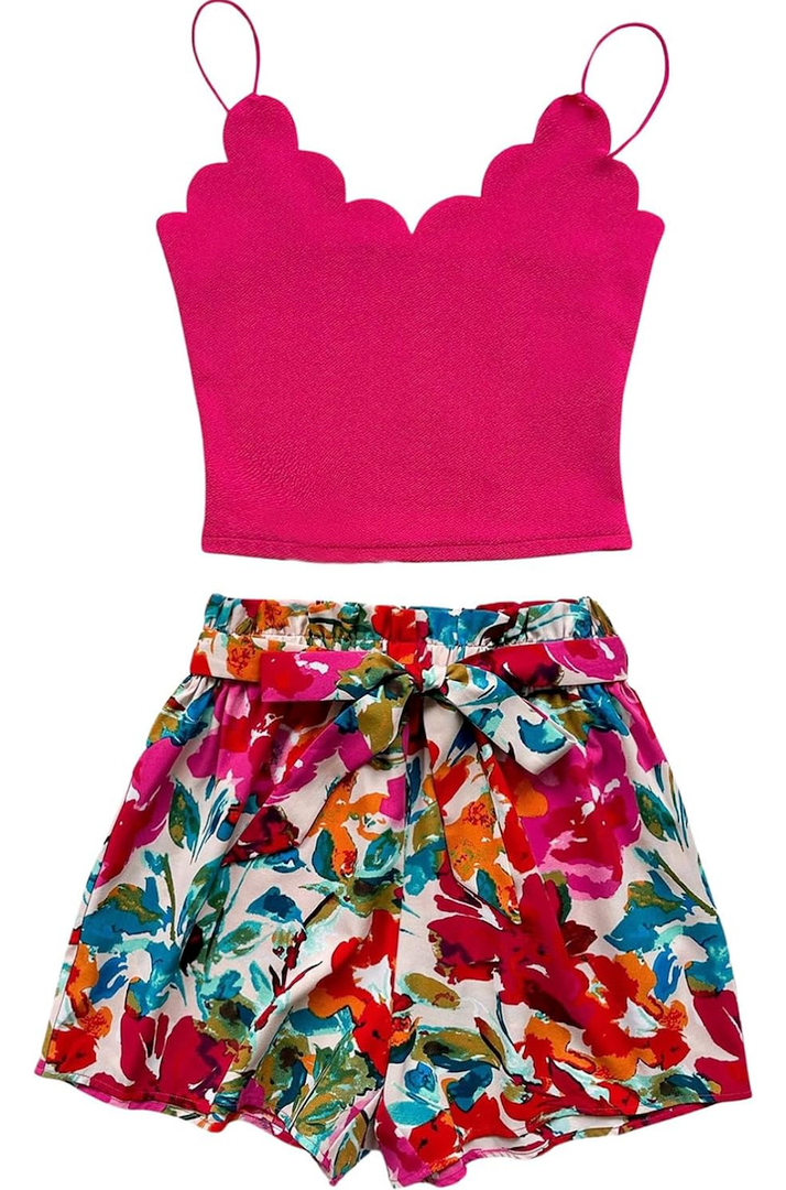 Women's 2 Piece Summer Vacation Outfits Floral Print Cami Crop Tops and Tie Front Shorts Set M