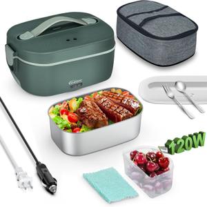 120W Electric Lunch Box Food Heater, 1.8L 5 IN 1 12V/24V/110V/220V/230V Heated Lunch Boxes For Adults/Work/Car/Truck/Home, Dual-Lid Portable Food Warmer Lunch Box With 0.45L Compartment