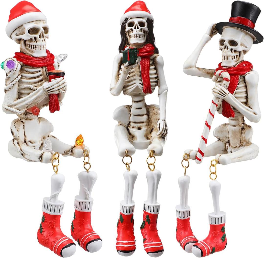 Soulchen 3 Pcs Christmas Skeleton Table Decorations Fiddleable Christmas Skull Figurines 7.5" Tall Tabletop Decorations for Party Indoor Outdoor Fireplace Home Kitchen Office