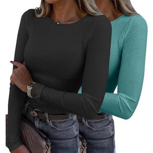 Zeagoo Womens Ribbed Fitted Crop Tops Long Sleeve T Shirts Basic Scoop Neck Casual Slim Fitted Y2k Clothes 2025 (XX-Large, Black,haze Blue)