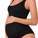 Summer Mae Maternity One Piece Swimsuit Seamless Ribbed Bathing Suit Scoop Neck Pregnancy Swimwear One Size Fits S-XL (Black)