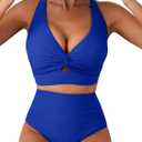Herseas Women's Textured Bikini Sets Twist Front Top Swimsuits High Waisted Bathing Suits (XX-Large, Royal Blue)