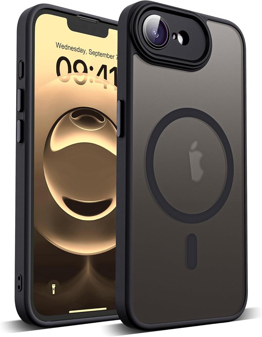 YEMORAN Compatible with iPhone 16E Case with Built-in Camera Lens Protector Translucent Magnetic iPhone 16E Phone Case 6.1" [Compatible with Mag-Safe][Great Grip Feeling], Black