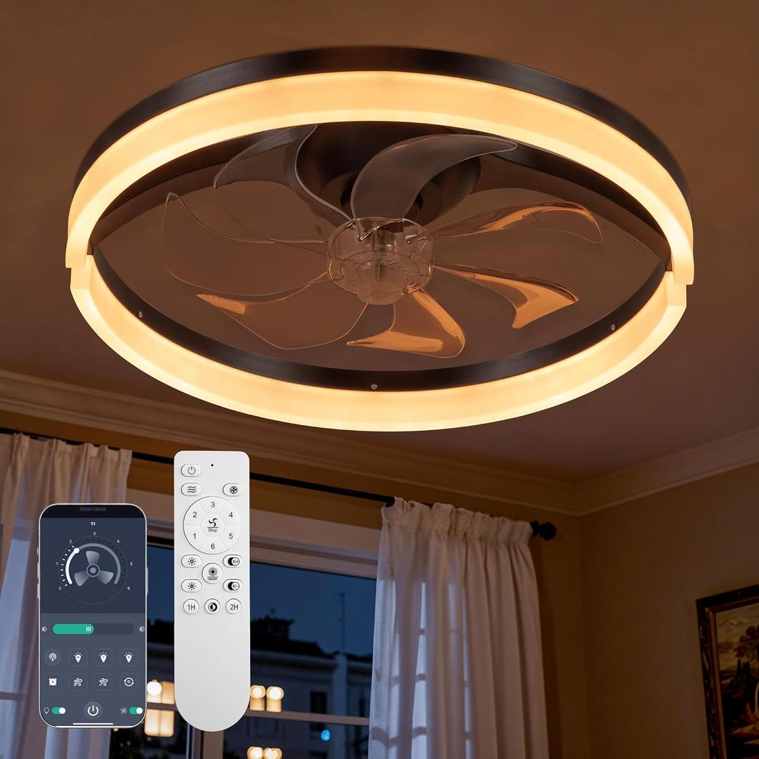 Ceiling Fans with Lights and Remote, 19" Flush Mount Low Profile Ceiling Fan, 3-Color Dimmable LED Fandelier, 6-Speed Reversible Ceiling Fan for Living Room, Bedroom & Kids Room (F002, Black)