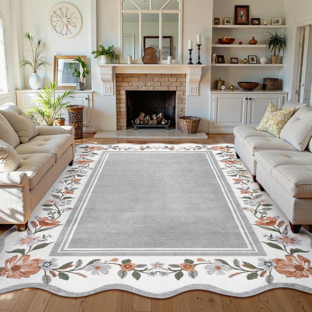 Lahome Floral Boho Rugs for Living Room, Farmhouse 8x10 Washable Rug Non-Slip Large Rug Low Pile Scalloped Throw Carpet for Bedroom Dining Room Office,Grey