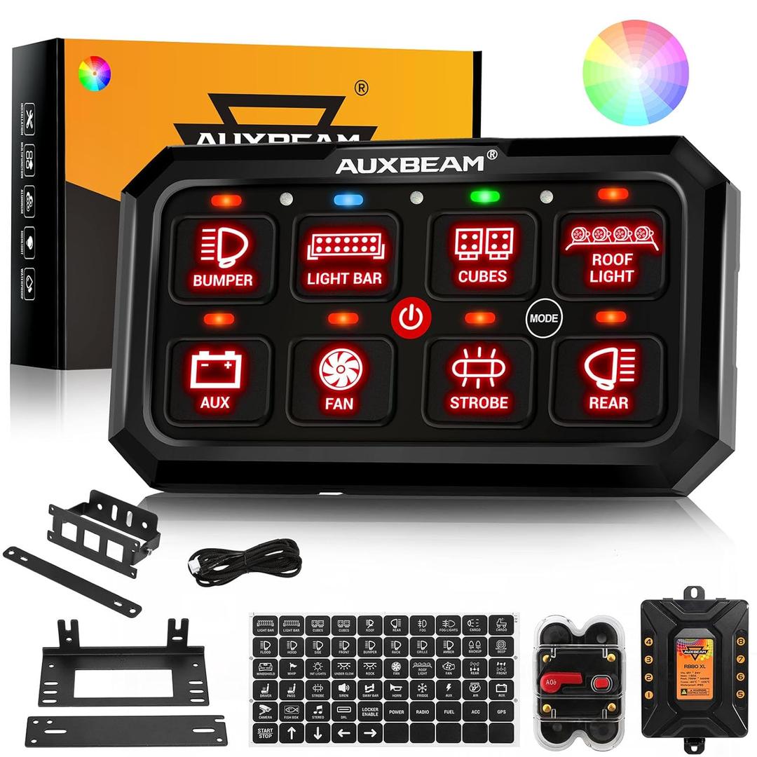 Auxbeam 8 Gang Switch Panel RB80 XL 5.3 Inch RGB Switch Pod Toggle Momentary Pulsed 12-24V Led Switch Panel Auxiliary Circuit Control Relay System for Truck Car Offroad UTV Waterproof 