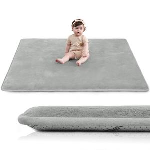 Baby Play Mat for Floor,1.3" Thick Elasti-Foam 50"50" Playpen Mat for Tummy Time,Water Repellent Soft Coral Velvet for Toddler,Infant,Kids,Non-Slip Backing Safe for Crawling(Light Gray)