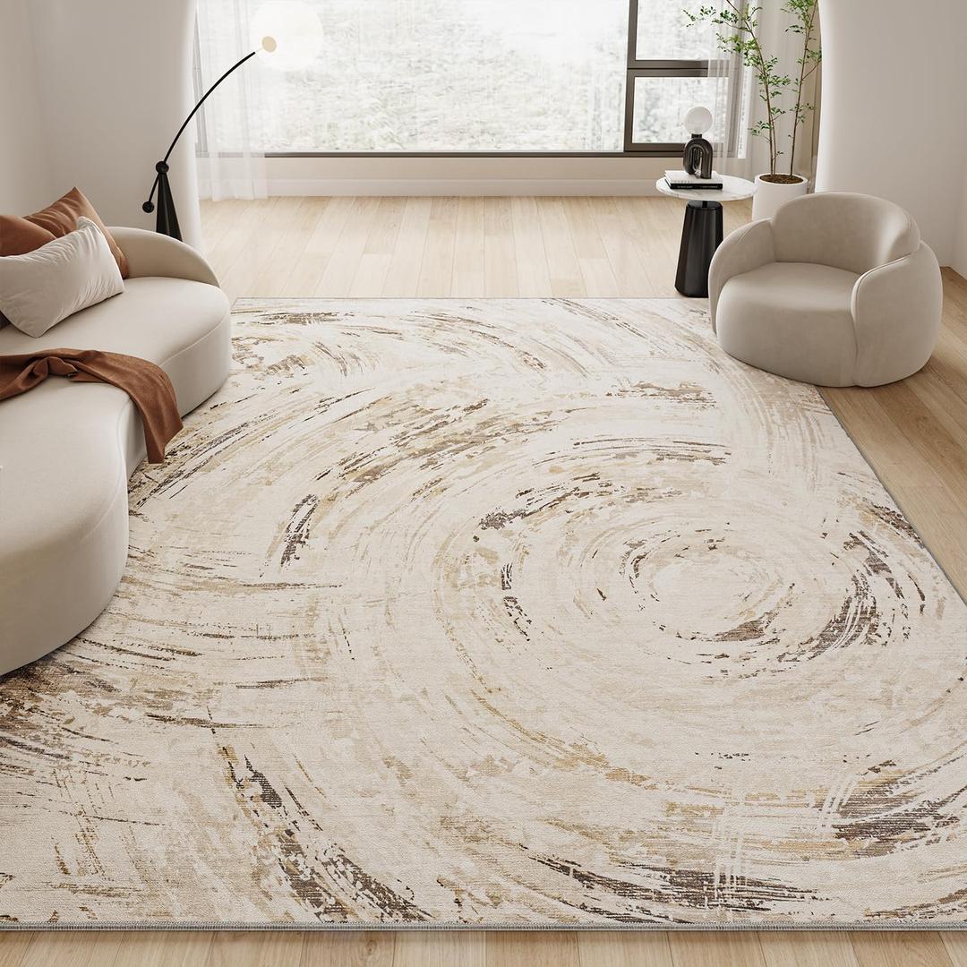 Beige Brown Neutral Rug 5x7 Area Rugs for Living Room Bedroom Dining Room Under Table Office Rug Washable Modern Abstract Carpet Easy Maintain Durable No Pile