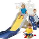 6 in 1 Toddler Playset Toddler Slide and Climber Playset, L-Shaped Kids Slide with Basketball Hoop, Telescope & Storage, Sturdy Indoor Outdoor Playground, for Boys Girls 1-3+