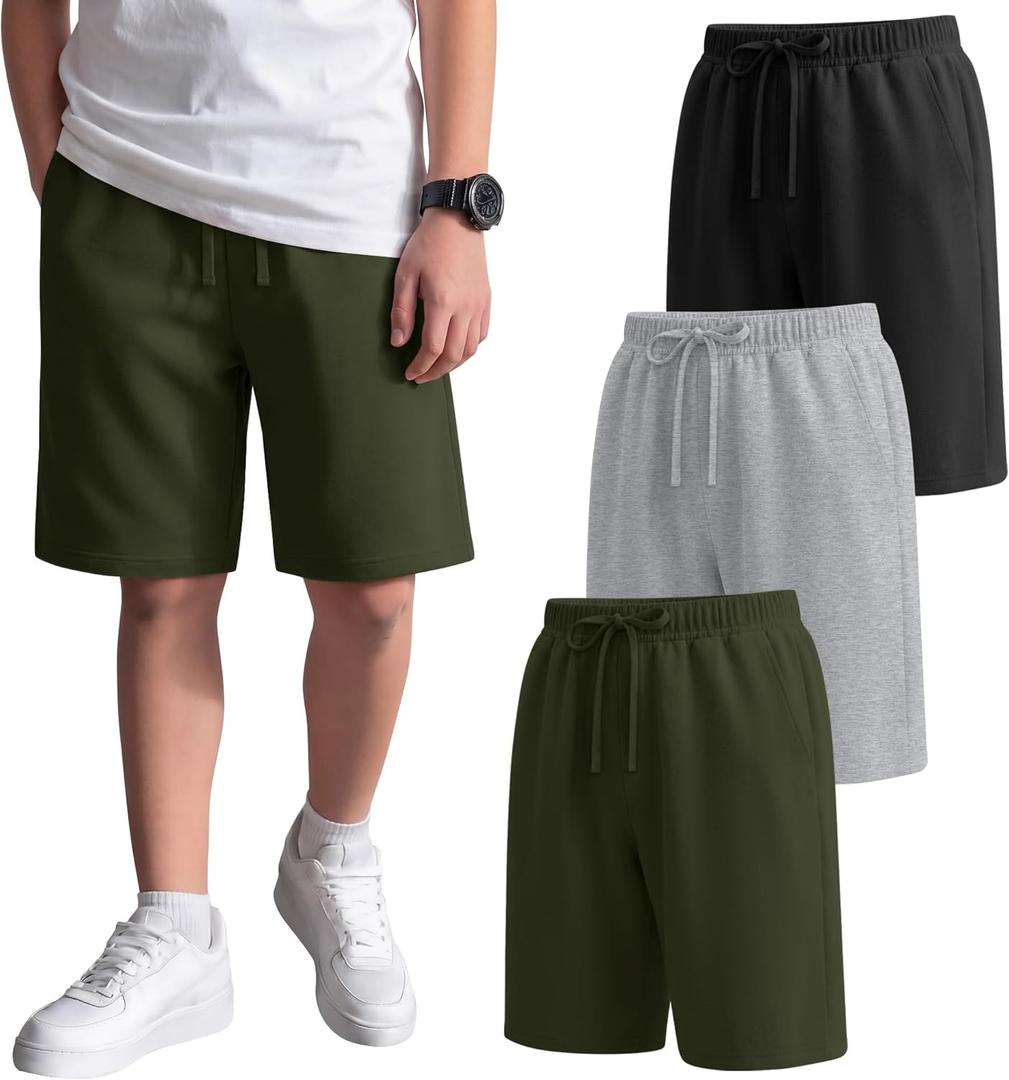 3 Pack Boys Shorts Kids Pull on Athletic Baggy Sweat Shorts with Pockets Elastic Waist Summer Casual 5-14 Years (11-12 Years, Black, Army Green, Light Mixed Gray)