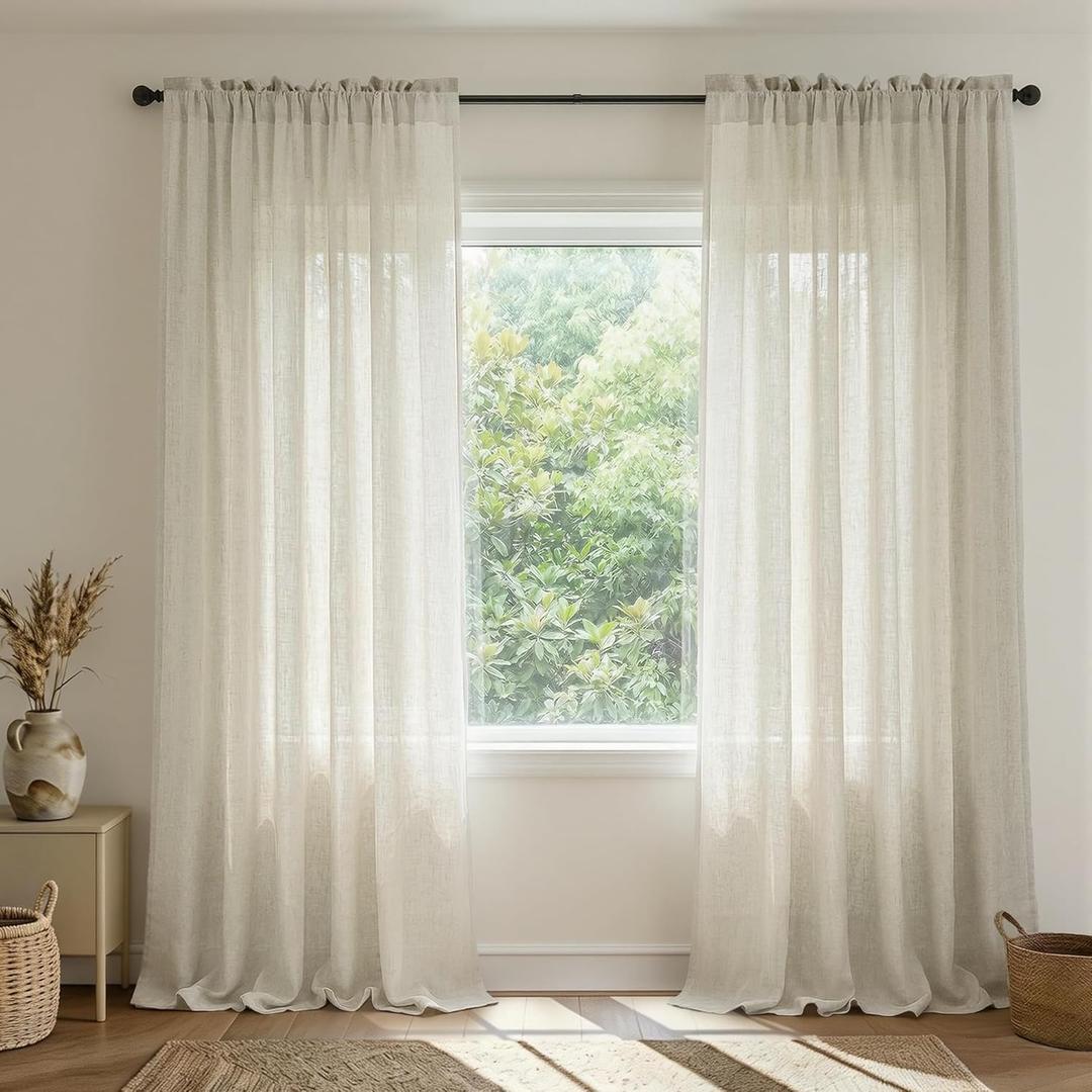 Flax Linen Curtains 84 Inch Length for Living Room 2 Panel Set Rod Pocket Sack Tweed Cotton Cloth Look Semi Sheer Beige Tan Curtain for Bedroom Earth Tone Primitive Burlap Farmhouse Cozy Western Decor