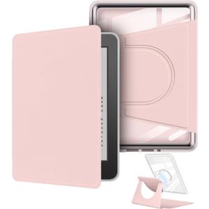 360 Degree Rotating Case for 6.8" Kindle Paperwhite (11th Generation-2021 Release), Detachable Magnetic Design Protective Adjustable Stand Cover Clear Back with Auto Sleep/Wake, Pink
