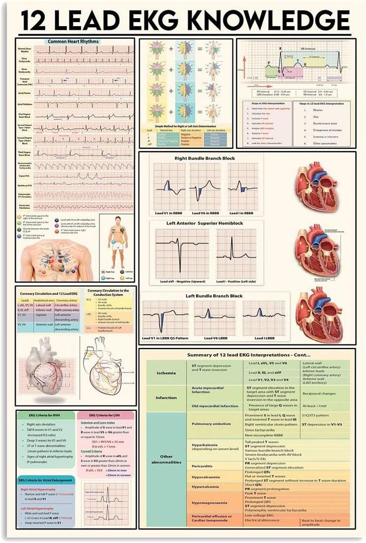 JIUFOTK 12 Read Ekg Knowledge Metal Signs Vintage Office Decor Doctor Science Guide Tin Poster Home Clinic Wall Decoration Plaque 16x24 Inches