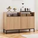 Farmhouse Buffet Sideboard Cabinet with Storage, Fluted Natural Coffee Bar Station Table with Doors and Adjustable Shelves, Modern Wood Cupboard for Kitchen (46.5 inches x 14.8 inches x 31.5 inches)