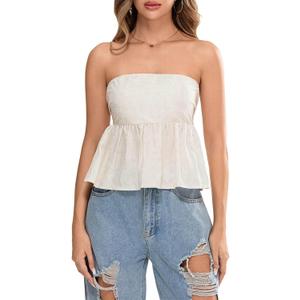 Women's Tie Back Cropped Tube Top Cute Floral Strapless Babydoll Peplum Tops Trendy Summer Casual Flowy Bandeau Outfit, XL