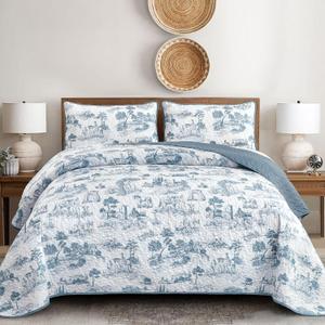 Drucon Blue Quilt Set Queen Size, Toile Farmhouse Bedspreads, 3 Pieces Rustic Village Landscape Printed Coverlet, Soft Microfiber Quilt Bedding Set for All Season (96x90 Inch)