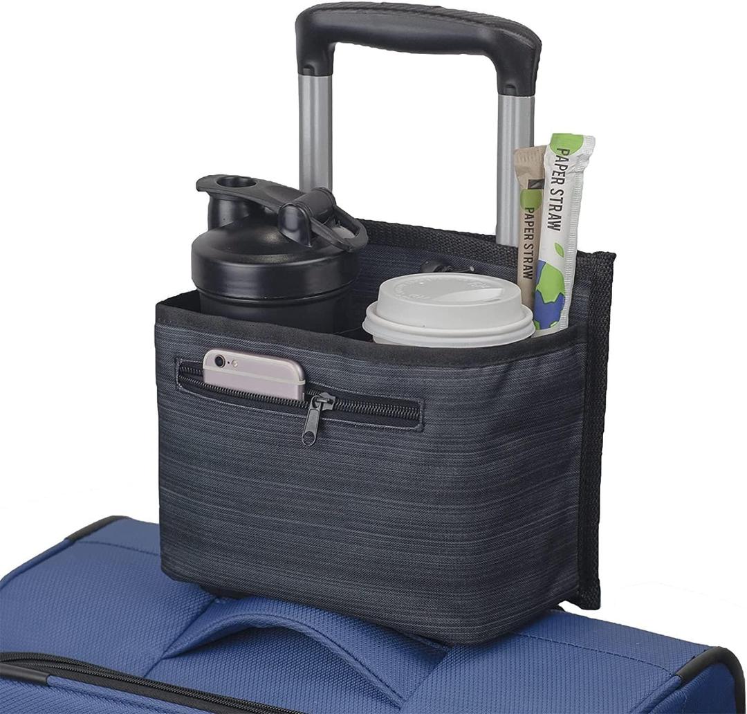 Luggage Travel Cup Holder Attachment for Suitcase Drink Carrier Caddy, Coffee Mug and Tumblers, Traveler Carry on Hands Free Accessory- Gifts for Flight Attendants Travelers Accessories (gray)
