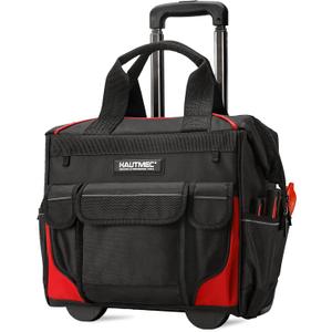 HAUTMEC 14.5" Rolling Tool Bag with Wheels, 25-Pocket Portable Tool Box Organizer with Water-Resistant Oxford Fabric, Wide-Mouth Design, Oversized Wheels & Telescoping Handle - HT0179