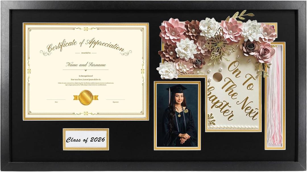 14x26 Black Shadow Box Diploma Frame with Graduation Cap & Tassel Holder for 8.5x11 Diploma and 4x6 Photo with MDF Wood and Plexiglass, Black Over Gold Mat for Wall, Graduation Keepsakes