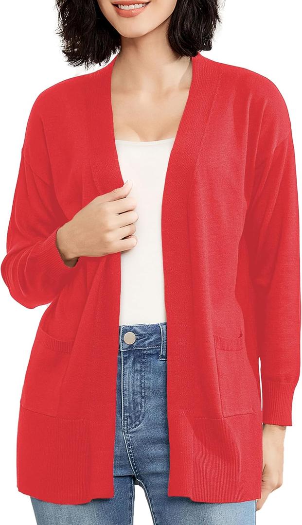 Women's Open Front Cardigan with Pockets Long Sleeve Solid Color Lightweight Knit Sweater (Red, S)