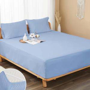 100% Cotton Percale Fitted Sheet Queen Size, 8-15" Deep Pocket Cooling Bottom Sheet, Breathable Soft & Crisp Fitted Sheet Only with 4 Corner Straps (Queen, Placid Blue)