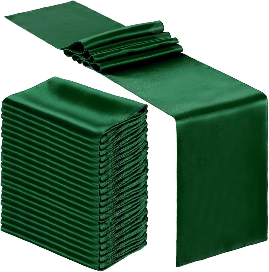 Bencailor 24 Pcs Dark Green Satin Table Runner Bulk 12 x 108 Inches Long Table Runners Bright Smooth Fabric Tablecloth for Wedding Banquet Birthday Spring Graduation Party Decorations