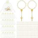 Fumete 60 Pieces Mini Rosary Favors Baptism Favors Acrylic Rosary Beads Finger Baptism Rosaries with Organza Bags for Christening Weddings Party