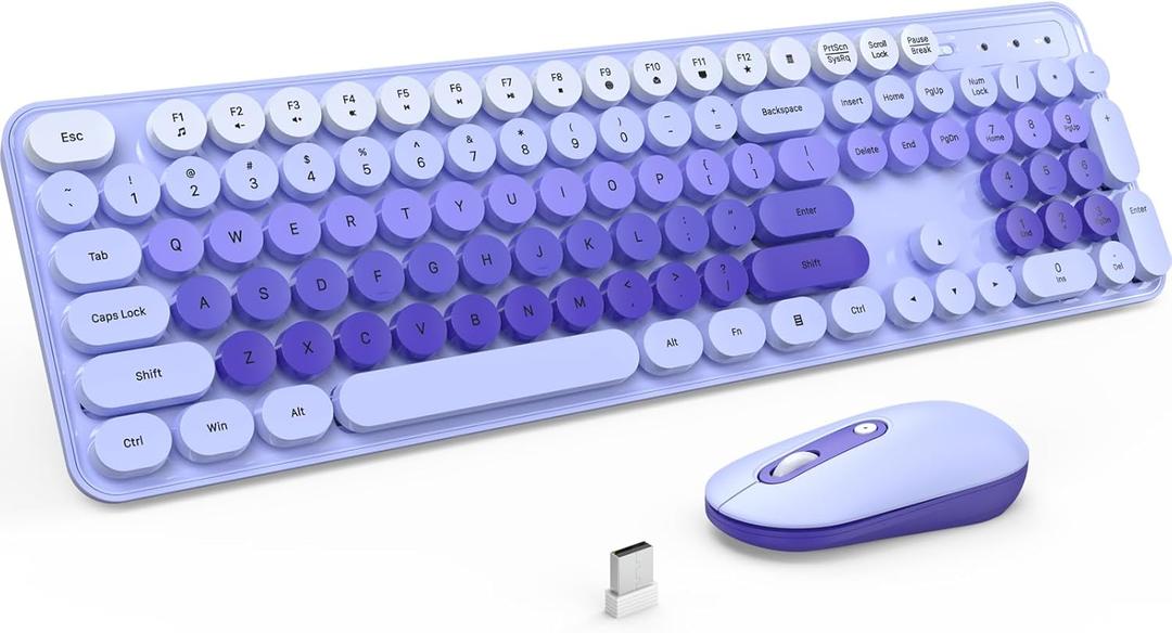 Wireless Keyboard and Mouse, Silent Keyboard Mouse Combo, Full-Sized Colorful Typewriter Keyboard with Round Keycaps, 2.4G Cute Mouse Compatible with PC/Laptop/Computer(Purple)
