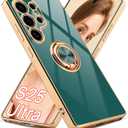 for Samsung Galaxy S25 Ultra Case, Built-in 360 Ring Holder Magnetic Stand Phone Cover, Luxury Shiny Plating Edge Electroplated for Women (Green/Golden)