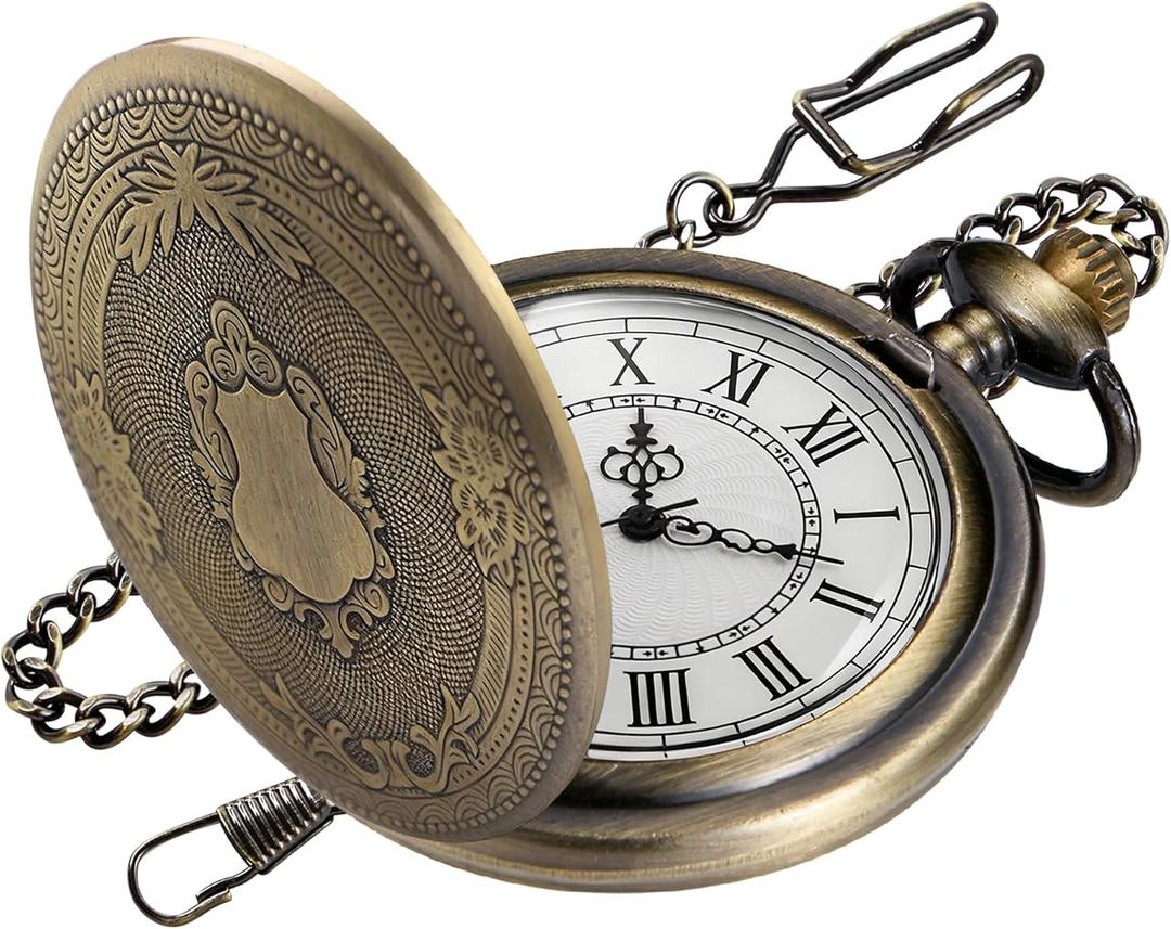 Carved Flower Quartz Pocket Watch with Quartz Movement, Pocket Watch with Chain Clip for Men