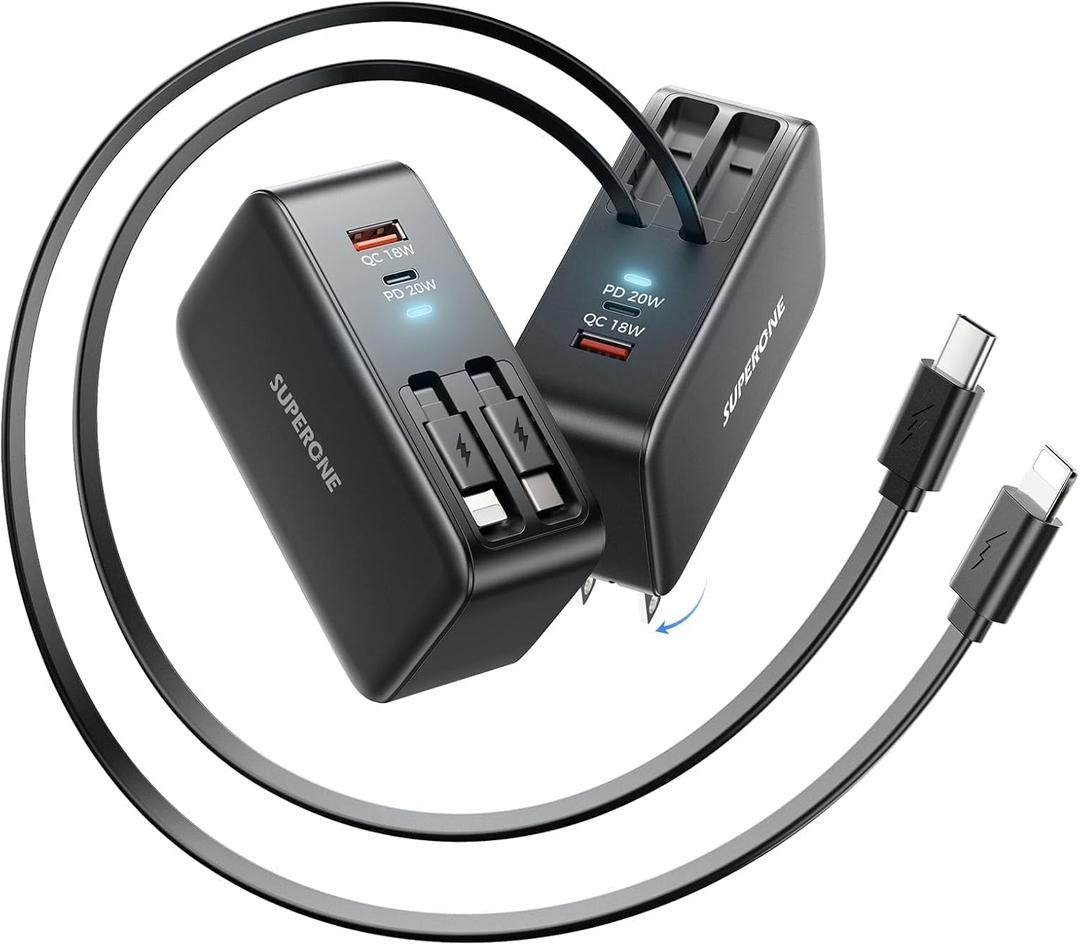 SUPERONE 78W Retractable Charger with USB C & Apple Cables, 4-Ports GaN Retractable Wall Charger, USB C Chargers Block Fast Charging for iPhone 17/16/15/14/13/12, iPad, Galaxy