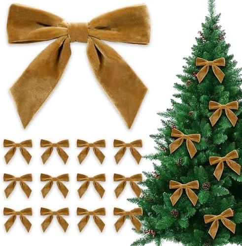 Talyrao 12 Pcs Christmas Velvet Bows 6 x 6 Inch Xmas Velvet Ribbon Bows Vintage Christmas Twist Tie Bows for Christmas Home Garland Wreath Gift Wrapping Decorations (Khaki, Width of 1.57")